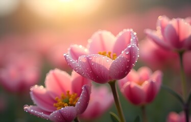 Close up of pink crocus flower. Macro photograph of morning dew on spring flower focusing on tiny water droplets on purple petals. Blurred background, bokeh effect. Vibrant colors, hyper-realistic 