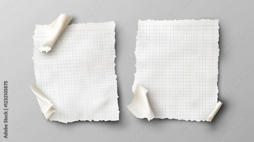 Poster notebook sheets with torn edges. ragged lined and checkered blank pages for memo and daily planner e