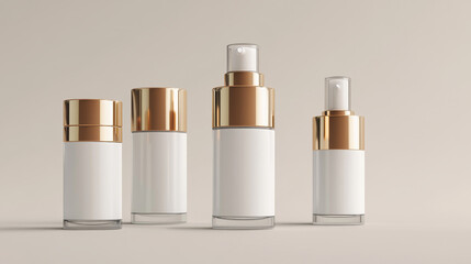 3D pump bottle mockups set isolated on background. Vector cartoon illustration of plastic or glass container for cosmetic product, blank frosted surface for branding, airless flacon for beauty care