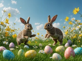 Easter Spring Meadow with two Rabbits and big Colorful Eggs. Happy jumping bunnies on green fields with flowers with copy space on the sky