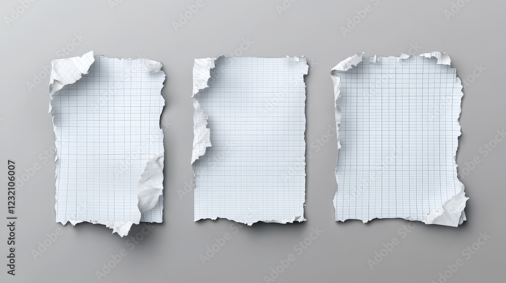 Poster notebook sheets with torn edges. ragged lined and checkered blank pages for memo and daily planner e