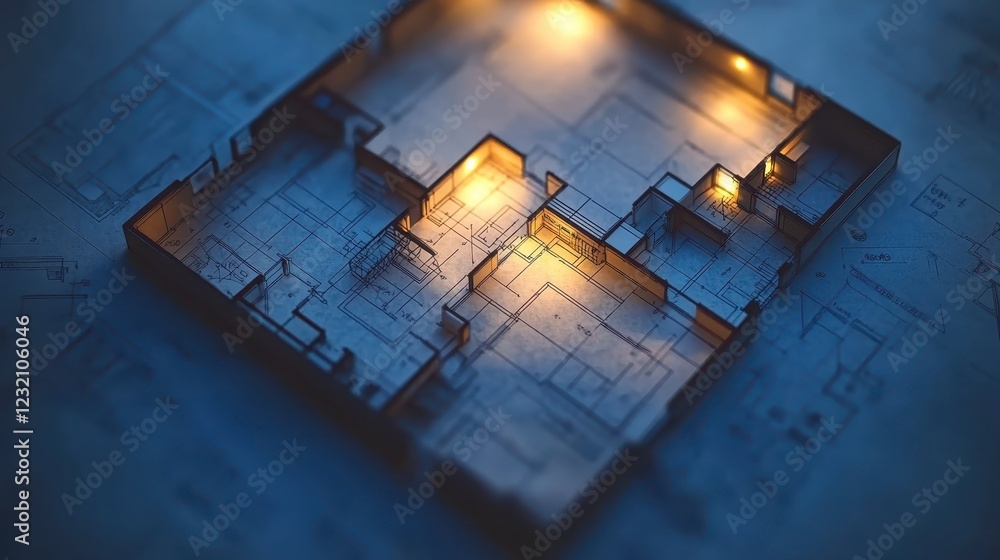 Poster elevated view of a glowing 3d architectural model of a house illuminated from within, resting on blu