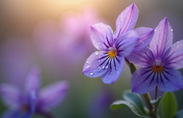 Macro of purple spring flowers with copy space. Close-up morning dew focusing, tiny water droplets on petals. Blurred background, bokeh effect. Vibrant colors and hyper-realistic details
