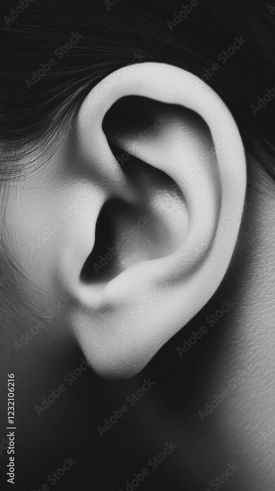 Aufkleber black and white close up of a human ear, highlighting its intricate structure and emphasizing the im
