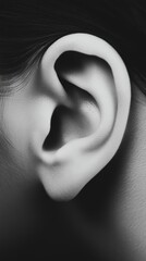 Black and white close up of a human ear, highlighting its intricate structure and emphasizing the importance of hearing and auditory perception