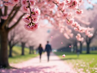 Spring sakura blossom in the park with blured couple in love. Blooming cherry branch at firs plan of romantic background  