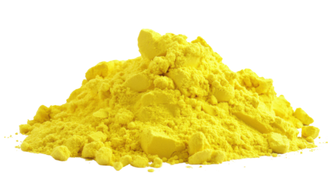 Pile of bright yellow sulfur powder on transparent background