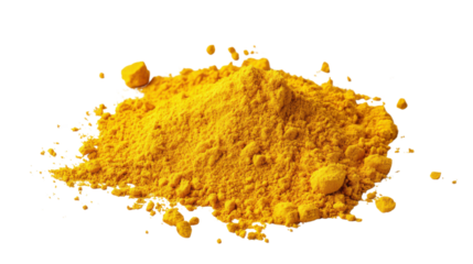 Turmeric powder forming a small mound on transparent background