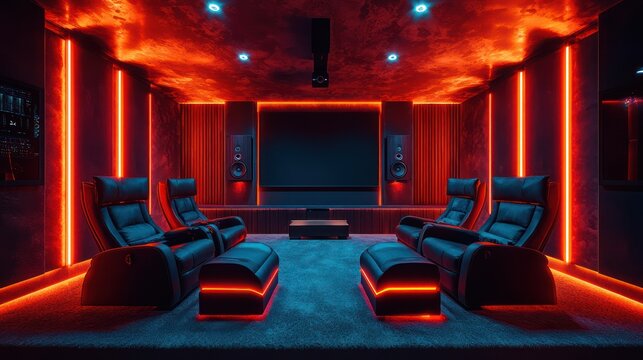 A hybrid home theater and gaming room, designed with an immersive sound system, neon lights, and comfortable chairs for long sessions.
