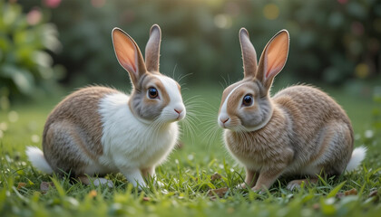 Obraz premium A playful scene featuring four fluffy rabbits with large ears and expressive eyes, sitting closely together at a bar counter. 