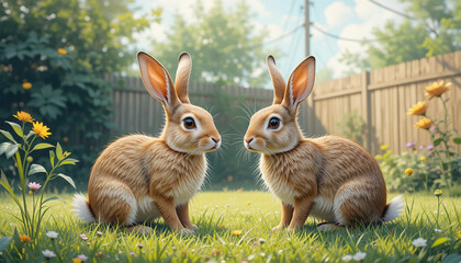Obraz premium rabbit in the grass, Cute Brown Rabbits Sitting in a Row, isolated on grass background, studio shot, bunny, cute animal,