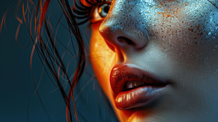 beauty portrait with prosthetic accessories, bold composition, creative lighting, detailed textures, professional retouching, captivating focus