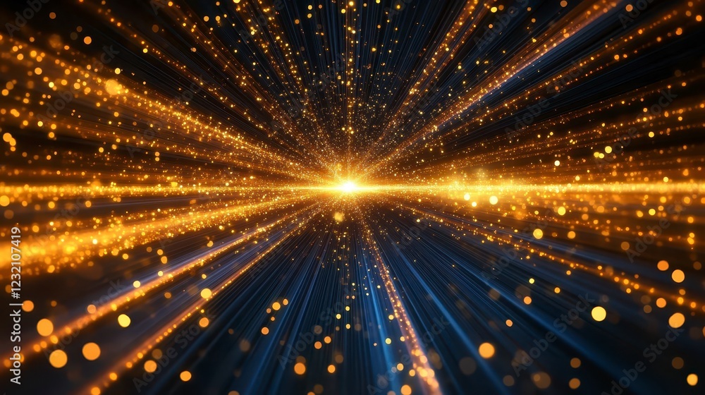 Poster abstract background featuring gold and blue particles emanating from a central light source. the moo