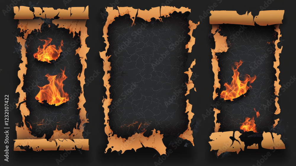 Poster burnt paper edges and parchment sheets with fire and black ash isolated on transparent background. v