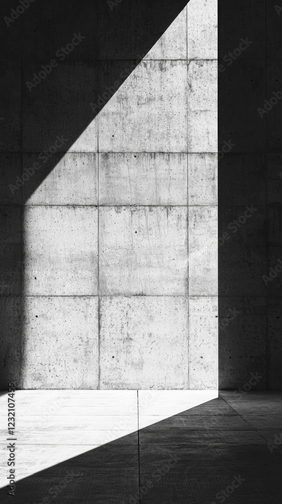 Aufkleber Natural light streams through an open space, casting angular shadows on the raw concrete wall. The simplicity of the design highlights minimalism, creating a calm and contemplative atmosphere