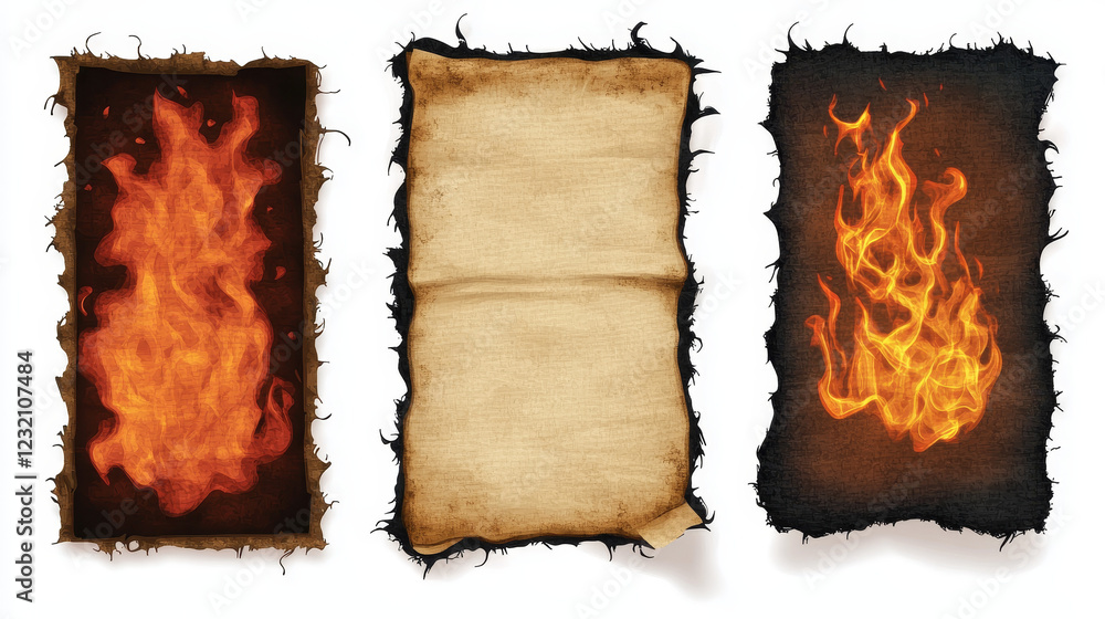 Poster burnt paper edges and parchment sheets with fire and black ash isolated on transparent background. v
