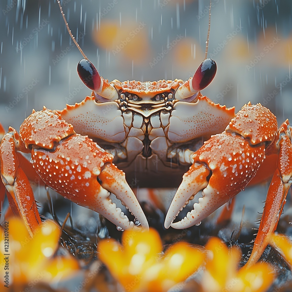 Poster captivating closeup of a red crab in high resolution featuring its detailed shell illuminated under 