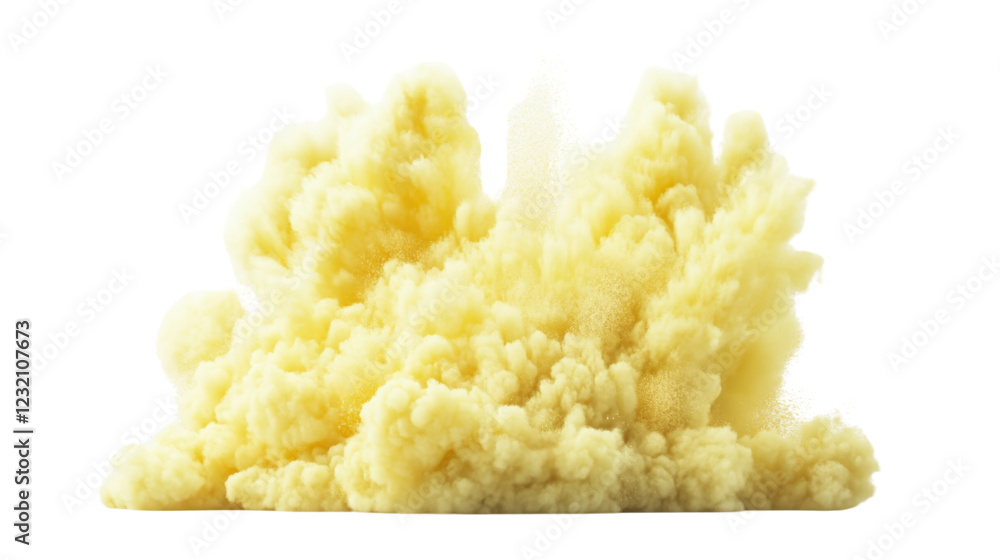 Poster yellow powder explosion creating a large cloud on transparent background