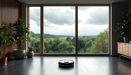Smart Robot Vacuum Cleaner Modern Room Green Landscape View