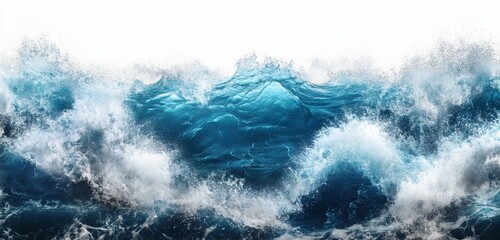 Powerful ocean waves crashing, white foam, deep blue water.