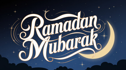 Ramadan celebration under the moonlight featuring festive greetings in a serene night sky