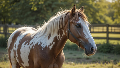 Naklejka premium portrait of a horse, portrait of beautiful mare horse with white spot in forehead in the evening in autumn landscape 