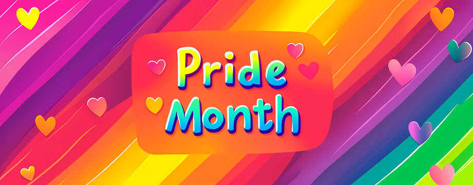 Pride month banner design with rainbow stripes and colorful hearts