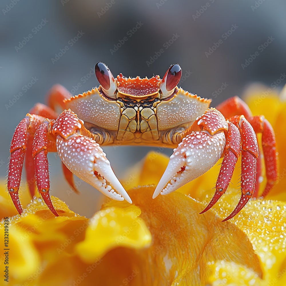 Poster captivating closeup of a red crab in high resolution featuring its detailed shell illuminated under 
