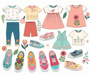 Collection of Cartoon fashion cloth and sneakers  for kids