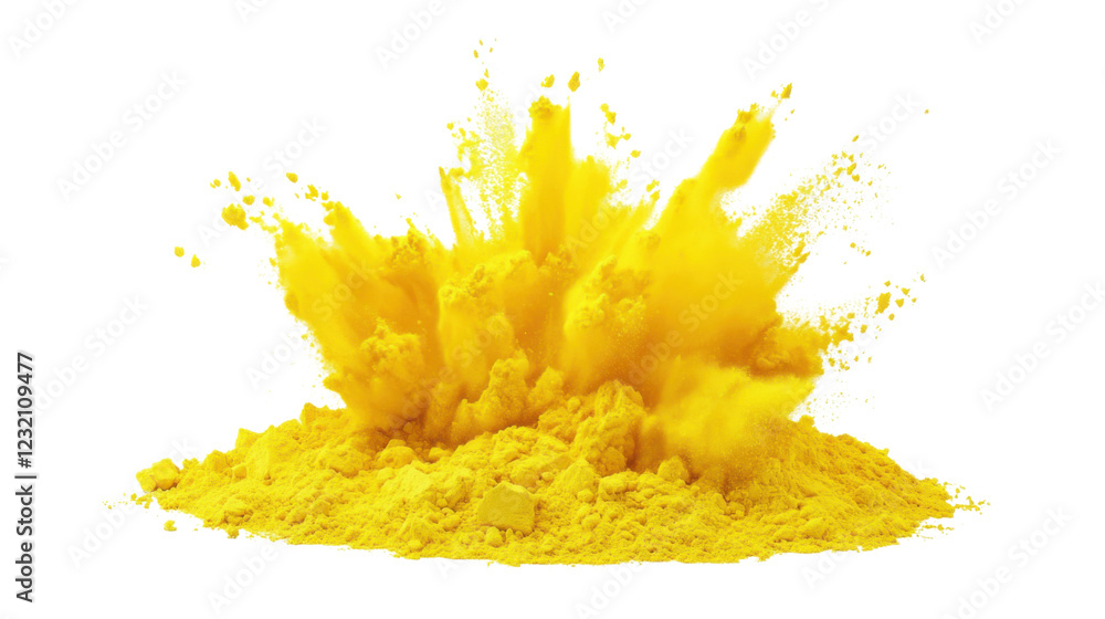 Poster yellow powder exploding creating a colorful cloud on transparent background