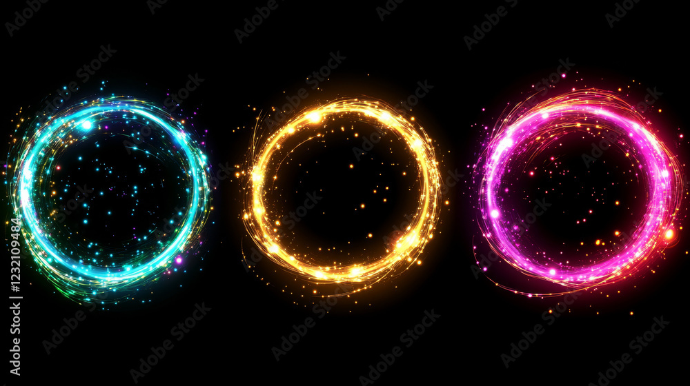Poster optical halo flares with neon light vector effect set isolated on transparent background. circle len