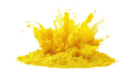 Yellow powder exploding creating a colorful cloud on transparent background