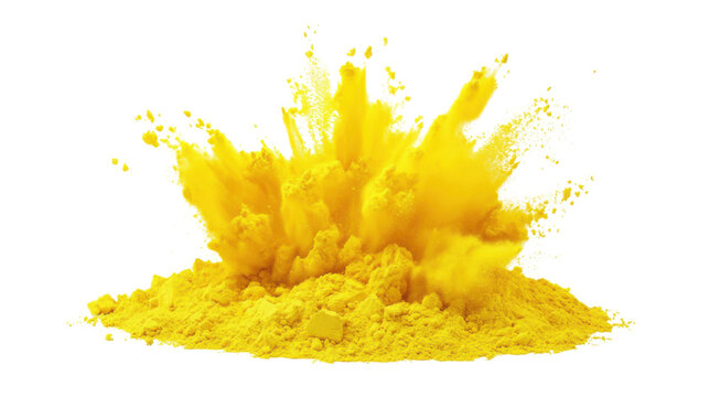 Yellow powder exploding creating a colorful cloud on transparent background