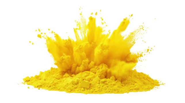 Yellow powder exploding creating a colorful cloud on transparent background