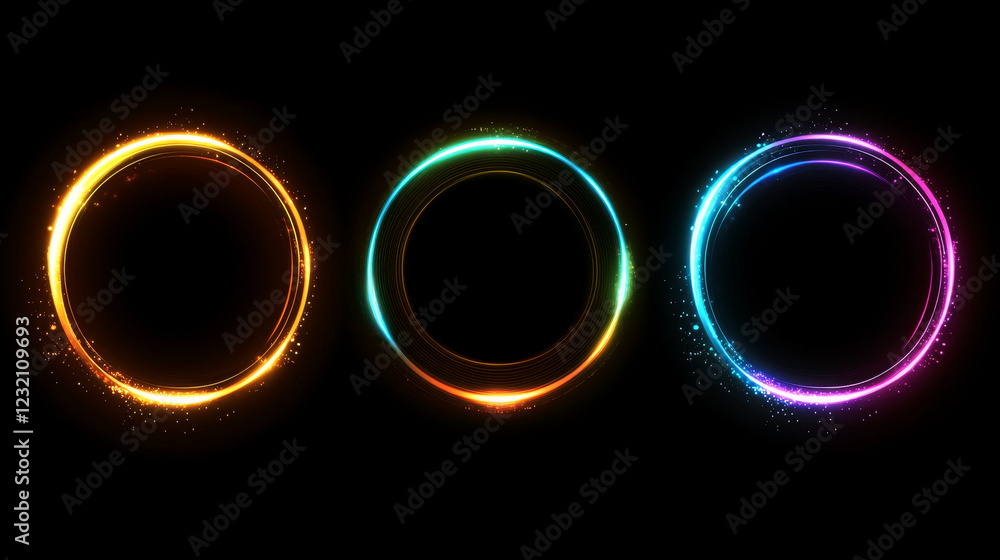 Poster optical halo flares with neon light vector effect set isolated on transparent background. circle len
