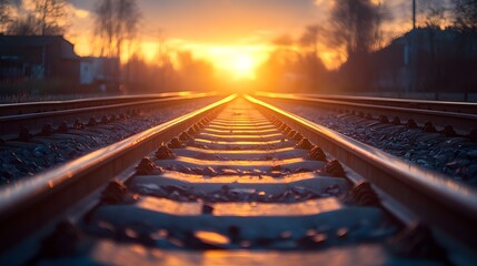 Obraz premium Railroad tracks converge at sunset junction, featuring golden sunburst light rays illuminating rusty rails and wooden sleepers in dramatic industrial transportation scene.