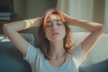 Brain stroke or low blood pressure symptom on people medical concept. Young beautiful woman has a dizziness and motion blurry during standing off sofa