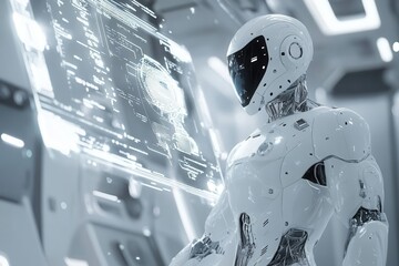 futuristic 3d android technician in sleek white exoskeleton performing holographic diagnostics, surrounded by floating digital readouts, minimalist sci-fi aesthetic