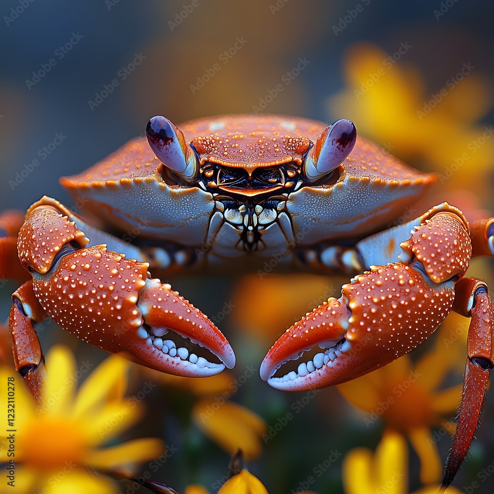 Poster captivating closeup of a red crab in high resolution featuring its detailed shell illuminated under 