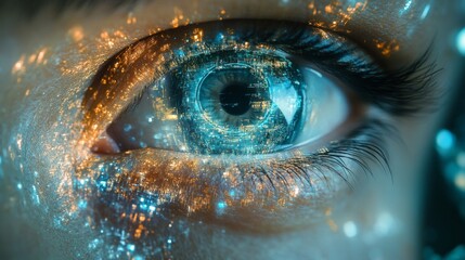 Cyberpunk Eye: Digital Cityscape Reflected in a Woman's Iris
