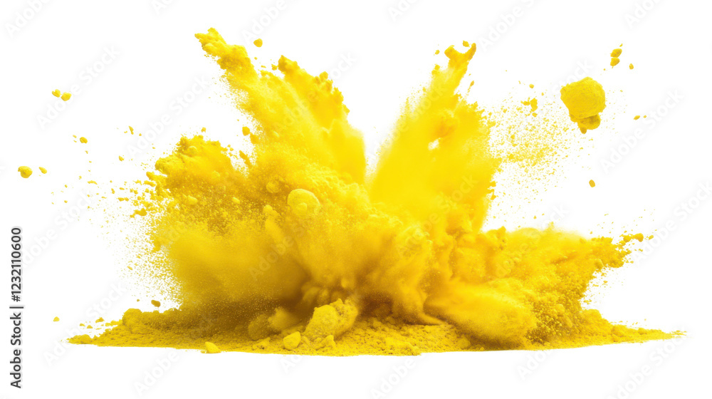 Poster yellow powder exploding creating a big cloud on transparent background