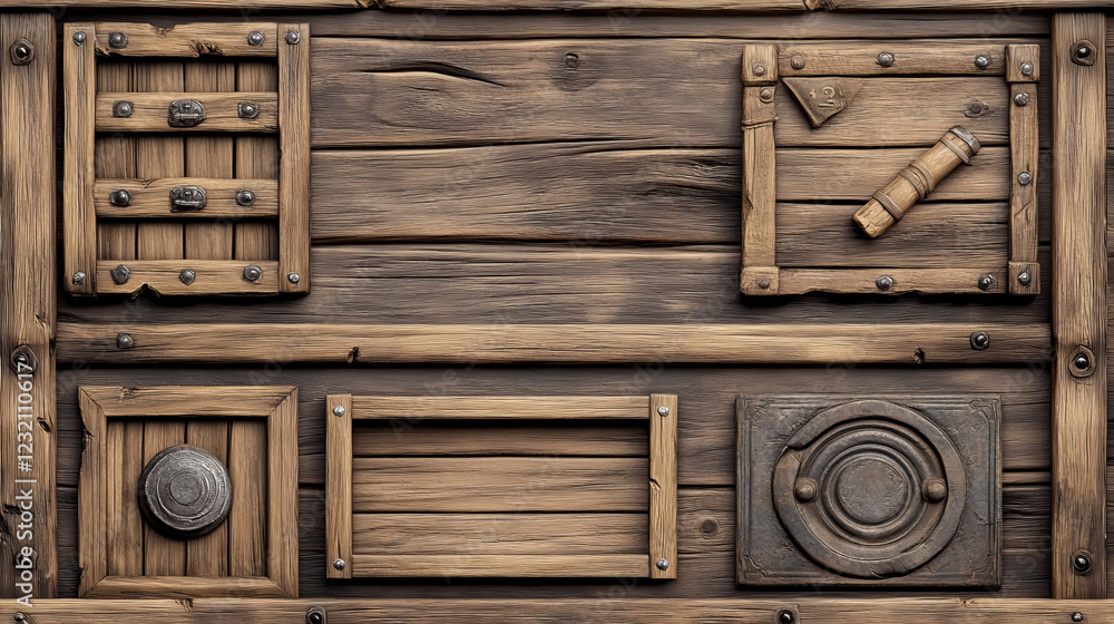 Aufkleber wooden game ui design elements for videogame menu. cartoon vector illustration set of wood texture p