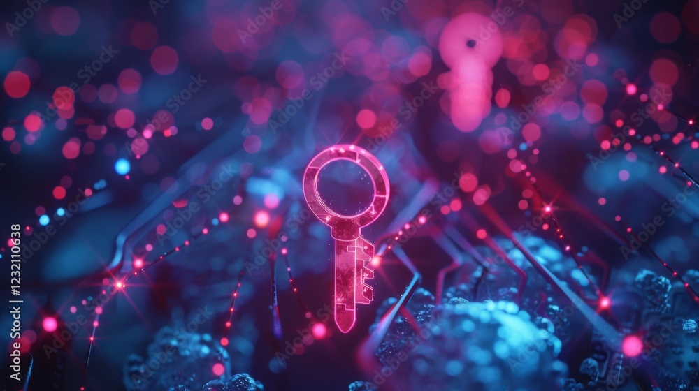 Poster A glowing key symbol stands out amidst a backdrop of abstract digital elements, emphasizing the importance of cybersecurity and privacy in modern technology.