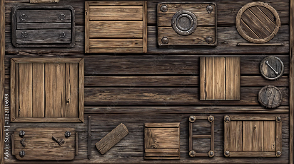 Aufkleber wooden game ui design elements for videogame menu. cartoon vector illustration set of wood texture p