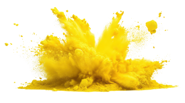 Yellow powder exploding creating a big cloud on transparent background