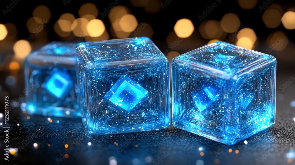 Poster three glowing blue ice cubes with embedded geometric patterns rest on a dark surface, illuminated by