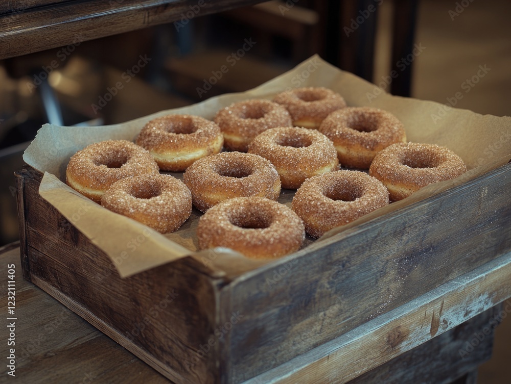 Sticker Box of doughnuts on wooden table