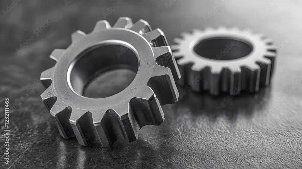 Poster close up view of two metallic gears resting on a dark gray surface. the gears show intricate details