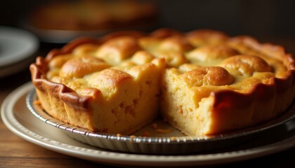 Apple pie decorated with apple slices, homemade dessert, baking recipes.