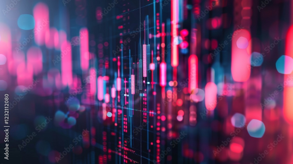 Poster Colorful vertical bars illustrate fluctuations in market data, emphasizing trends and performance metrics in a high tech digital environment.
